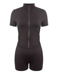 Women Solid Color Bodycon Fitness Short Sleeve V Neck Zip Front Activewear <b>Set</b> Eco-Friendly Skinny Fit Seamless Knitted Spandex - Product Image 2