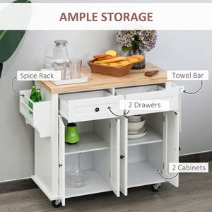 Carrito de Cocina Rodante con Tapa de Madera Blanca, Estante para Especias/Toallas y Cajones de Almacenamiento, Carrito Móvil para Comedor - Product Image 6