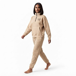 Sweat-shirt tendance beige pour femme, épais, à col montant semi-zippé, coupe oversize, épaules tombantes, couleur unie - Product Image 3