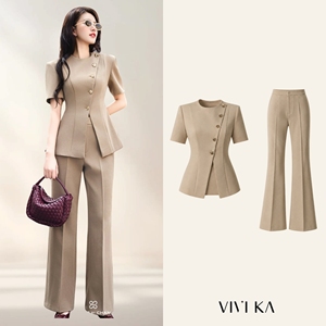 Women's Beige 2 Piece Suit <b>Set</b> Short Sleeve <b>Blazer</b> Flare Pants Elegant Office Wear Solid Color Crew Neck Button PANSY - Product Image 1