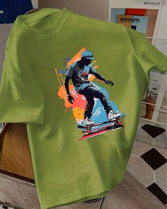 เสื้อยืดแขนสั้นสีขาวสำหรับผู้ชาย คอกลม พิมพ์ลายสเก็ตบอร์ด สไตล์สตรีท ทรงปกติ ผ้าฝ้ายเจอร์ซีย์ 100% ระบายอากาศได้ดี - Product Image 5