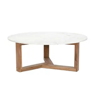 वेंचुरा कलेक्शन आधुनिक गोल कॉफी टेबल और शीर्ष मार्बल सेंटर टेबल, लिविंग रूम फर्नीचर के लिए आम की लकड़ी की प्राकृतिक फिनिश में
