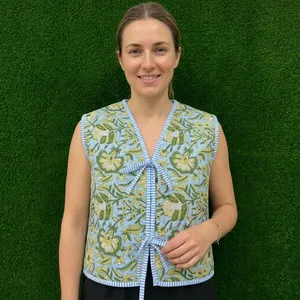 Chaleco Reversible Acolchado 100% Algodón Puro para Mujer, Estampado Floral, Sin Mangas, Hecho a Mano, con Lazos Delanteros, Chaqueta Ligera - Product Image 4