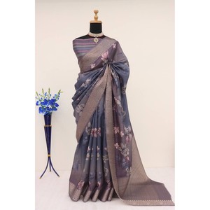 SAREE DE TRAVAIL FANTAISIE EN SOIE FLORALE ET IMPRIMÉ NUMÉRIQUE AVEC BLOUSE INCOSÉE GRIS - Product Image 1