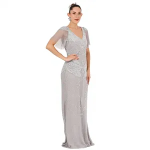 Robe de bal longue en perles argentées, col en V, manches courtes, effet illusion, moulante, pour soirée - Product Image 4