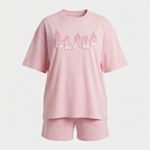 Pink Women's 2 Piece Shorts Set Crew Neck Short Sleeve T <b>Shirt</b> With <b>Flame</b> Letter Print Loose Fit Casual Spring Summer Wear - Product Image 1