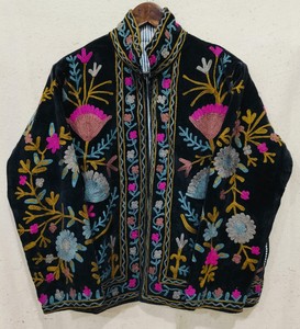 Hand Embroidered <b>Velvet</b> <b>Jacket</b> Mandarin Collar Full Sleeve Floral Pattern Winter Women's Coat - Product Image 1