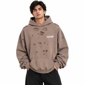 Custom Distressed Vintage Washed <b>Brown</b> Men's Hoodies Ripped Hole Heavyweight <b>Fleece</b> Oversized Front Pocket Pullover Streetwear - Product Image 1