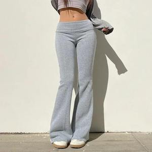 Pantalones de mujer de cintura alta, acampanados, de color liso, largos, de punto, de algodón y elastano, estilo casual de primavera, con cintura elástica y cordón ajustable. - Product Image 4
