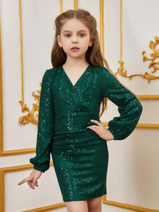 Robe Courte Verte à Paillettes Col V pour Fille, Broderie Velours, Robe de Cérémonie Élégante pour Enfants, Vêtements de Fête de Mariage pour Enfants - Product Image 3
