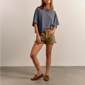 เสื้อยืดโอเวอร์ไซส์สำหรับผู้หญิง แขนเสื้อแบบ Cold Shoulder สีพื้น คอกลม แต่งระบาย ผ้าฝ้าย 100% แขนทรงปีกค้างคาว เหมาะสำหรับฤดูร้อน ไซส์พลัส - Product Image 4
