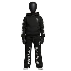 Ensemble de survêtement décontracté pour enfants, coupe ample, avec sweat à capuche et pantalon évasé, 10 % coton, style empilé - Product Image 1