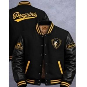 Blouson universitaire d'hiver personnalisé pour homme, col montant, logo pingouin sur le devant, corps en laine, broderies chenille - Product Image 3