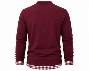 เสื้อสเวตเตอร์ผู้ชายสีเบอร์กันดี ผ้าฝ้ายฟลีซถัก 100% คอปกและปลายแขนเสื้อลายสก็อต แขนเสื้อแบบปกติ สไตล์ลำลองสำหรับฤดูใบไม้ร่วง เหมาะสำหรับใส่เป็นเลเยอร์ - Product Image 6