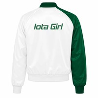 Jaket Varsity Satin Kontras Hijau Putih Wanita Iota Phi Lambda Sorority dengan Kancing Tekan di Depan, Kerah Rajut Rib, dan Manset Rajut untuk Pakaian Kampus.