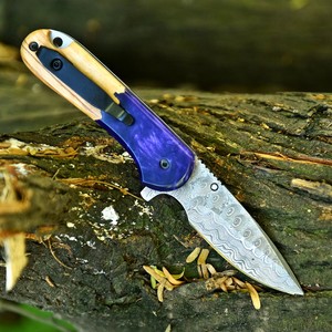 Nordic Forge EDC Damascus Steel <b>Folding</b> <b>Knife</b> Raindrop Pattern Blade - Olive Wood & Resin Handle Pocket Clip & Leather Sheath - Product Image 2