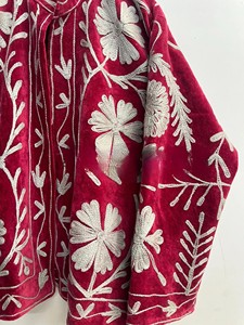 Vintage Maroon Velvet Jacket with Silver Floral Embroidery Handcrafted Kashmiri Style <b>Winter</b> Pheran high-quality velvet Jacket - Product Image 5