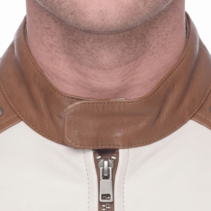 Blouson de motard en cuir véritable pour homme, clouté, zippé, col rabattable, imperméable avec logo frontal - Product Image 5