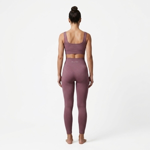<b>Women</b> Mauve Ribbed Sports Bra and High Waist <b>Leggings</b> Two Piece <b>Seamless</b> Yoga Activewear Set - Product Image 3