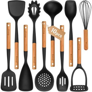 Set di 10 Utensili da Cucina in Silicone con Manici in Legno, Antiaderenti e Resistenti al Calore per Uso Prolungato - Product Image 1