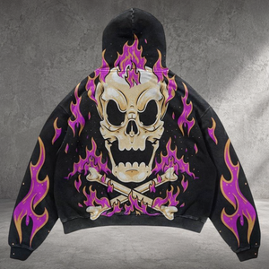 Sweat-shirt à capuche surdimensionné pour homme, imprimé crâne et flammes, style punk gothique, noir, polyester, Halloween - Product Image 6