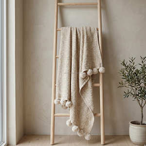 Plaid en coton slub terracotta 130x170 cm, style bohème, tissé uni, lourd, avec pompons et franges, toucher doux, pour la décoration - Product Image 4