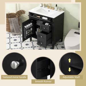 Modern 30\" <b>Bathroom</b> <b>Vanity</b> with Top Sink 2 Drawers and Tip Drawer Single Sink <b>Bathroom</b> <b>Vanity</b> Storage Cabinet - Product Image 6