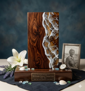 Resin Wood Cremation <b>Memorial</b> Urn with Ocean Wave Design Custom Remembrance <b>Plaque</b> - Product Image 2