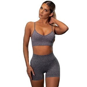 EnovStars Conjunto de 2 piezas de sujetador deportivo y shorts de cintura alta de secado rápido para mujer, con logo frontal, sensación de segunda piel, nailon y elastano, OEM ODM Privado - Product Image 6