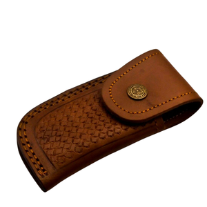 Couteau de chasse artisanal en acier D2 avec manche en os de chameau bleu teinté, lame fixe polie et étui en cuir marron - Product Image 3