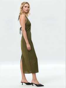Elegant V-Neck <b>Spaghetti</b> <b>Strap</b> Maxi Dress Olive Green Linen Eco-Friendly Plain Dyed Washable Loose Fit All Seasons Party Dress - Product Image 5