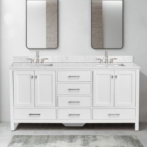 Mobile bagno bianco da 72 pollici con doppio lavabo sottopiano e elegante mobiletto contenitore con piano superiore - Product Image 2