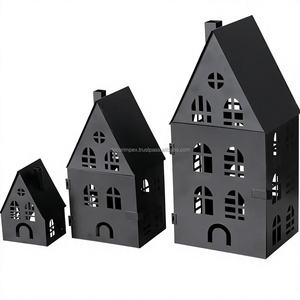 Black <b>Metal</b> House <b>Lantern</b> Set of 3 for Home Decoration Christmas Candle Holders Steel Durable Decorative Lighting - Product Image 1