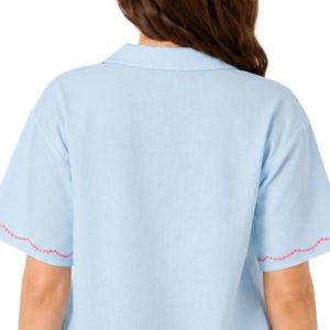 เสื้อเชิ้ตผู้หญิงแขนสั้นปักลายดอกไม้สีฟ้าอ่อน ติดกระดุม คอปก ผ้าฝ้ายลำลองสำหรับฤดูร้อน เสื้อแฟชั่นสั่งทำได้ OEM - Product Image 6