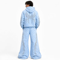 Survêtement bleu clair orné de strass avec capuche et fermeture éclair, manches longues, coupe ample, tenue décontractée pour adultes, saison printemps, motif imprimé