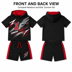 Conjunto de Camiseta con Capucha y Pantalones Cortos Urban Force, Estampado Digital Negro y Rojo, Atuendo Deportivo de Verano para Niños - Product Image 2