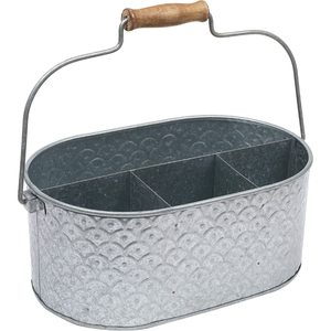 Porta Utensilios Rústico de Metal Galvanizado con Asa de Madera, 4 Compartimentos, Portátil, para Cubiertos y Vajilla, para Cocina y Comedor - Product Image 1