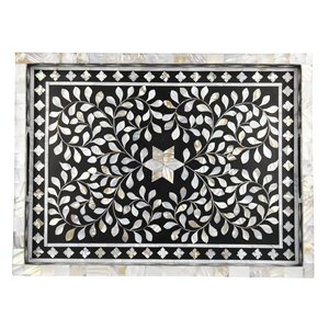 Plateau de service rectangulaire décoratif traditionnel en bois écologique fait main avec incrustation de nacre noire et blanche - Product Image 6