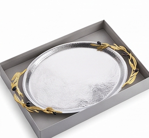 Bandeja de Servir Ovalada Plateada de Lujo ACMI con Asa de Hoja de Oro, Acabado Metálico Pulido, Diseño Elegante, Apta para Lavavajillas y Microondas, Uso Residencial - Product Image 1