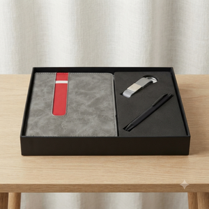 Ensemble cadeau de carnet de notes haut de gamme Aurelux Grey Corporate, journal relié avec étui rayé rouge, porte-clés en métal, stylo à bille noir, professionnel 192 - Product Image 6