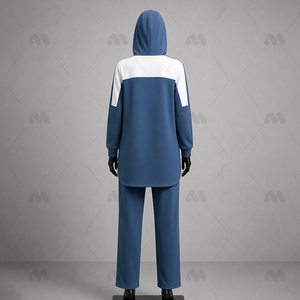 M.H. Chándal con Capucha para Mujer, Diseño Internacional, Azul y Blanco con Bloques de Color, Manga Larga, Corte Holgado, Informal, para Otoño, 100% - Product Image 3