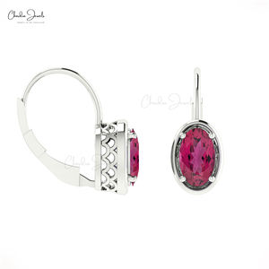 Productos de Moda: Pendientes de Botón con Turmalina Rosa de 7x5mm y Cierre de Palanca, en Oro Blanco Fino de 14k, para Boda, Distribuidor Mayorista - Product Image 1
