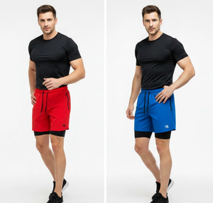 Nouveauté : Short de sport pour homme en polyester rouge et bleu à motif écossais, taille élastique, anti-plis, respirant et séchage rapide, qualité supérieure - Product Image 1