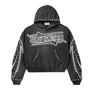 Sweat à capuche OEM personnalisé streetwear en coton jersey épais 600 g/m² avec appliqué strass, logo brodé effet vieilli et patch, délavage acide pour homme - Product Image 6