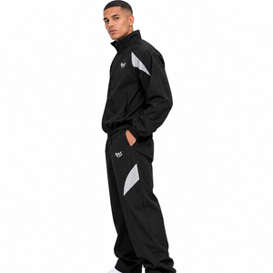 <b>Black</b> Track Suit Stand Collar <b>Zip</b> Jacket Loose Fit Track Pants Contrast Panel Sportswear Windbreaker Custom Wholesale <b>Hoodies</b> - Product Image 2