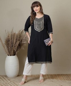 Kurti en rayonne fantaisie avec broderie, tenue de fête, prix de gros, vêtement ethnique noir - Product Image 1