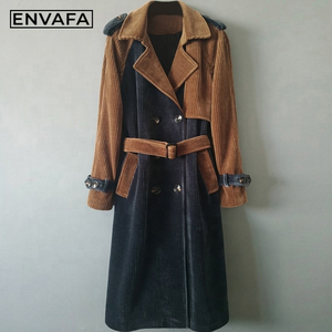 Chaquetas Cortavientos Personalizadas con Combinación de Colores y Rayas de Terciopelo, Gabardina Delgada por Encima de la Rodilla para Mujer, Nuevo Estilo Otoñal, OEM ODM - Product Image 6