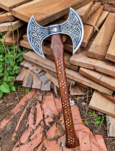Hacha Vikinga de Acero Inoxidable de Grado Industrial, Cabeza de Hacha de Doble Hoja, Mango de Madera Grabado en Latón, Hacha con Barba para Acampar y Cazar - Product Image 5