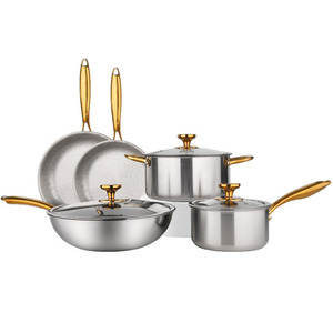 Juego de ollas y sartenes de lujo de 8 piezas de titanio puro martillado, sin recubrimiento, antiadherentes, con elegantes asas doradas - Product Image 1
