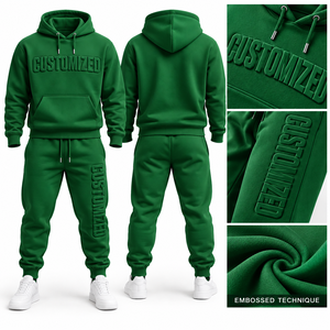 <b>Men</b> <b>Green</b> Embossed Letter <b>Tracksuit</b> Set Hooded Sweatshirt Jogger Pants Casual Streetwear - Product Image 1